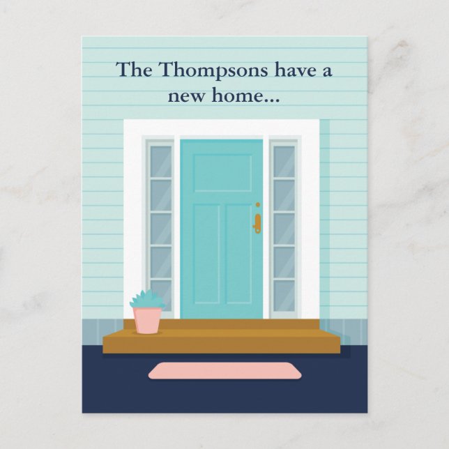 Cute New Home Teal Door Vi har flyttat Houseuppvär Vykort (Framsida)