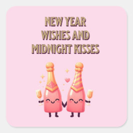 Cute New Year Önskemål & Midnight Kisses Kawaii Fyrkantigt Klistermärke