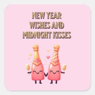 Cute New Year Önskemål & Midnight Kisses Kawaii Fyrkantigt Klistermärke