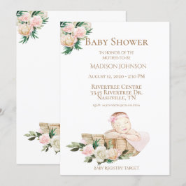 Cute Newborn Baby Basket Blommigt Rosa Baby Shower Inbjudningar
