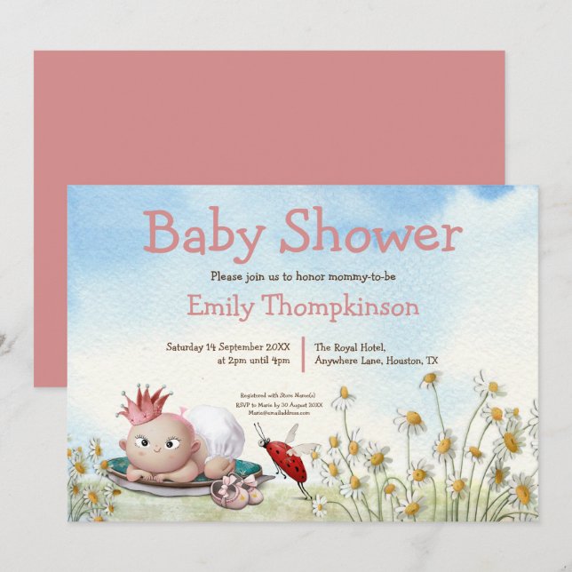 Cute Newborn Girl Princess Daisy Baby Shower Inbjudningar (Fram/baksida)