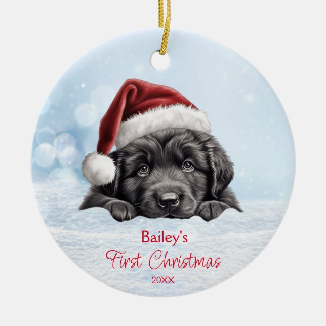 Cute Newfoundland Hund Snö Santa Hat 1:a jul Julgransprydnad Keramik (Framsidan)