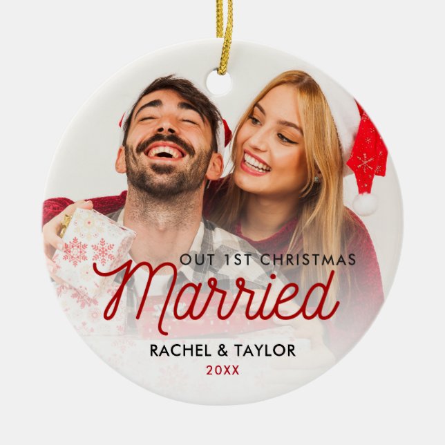 Cute Newlyweds Photo our First Married Julgransprydnad Keramik (Framsidan)