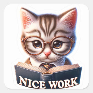 Cute 'Nice Work' Kitten Multi Subjekt-fästare Fyrkantigt Klistermärke