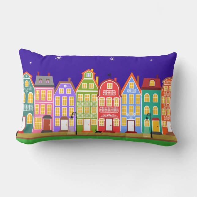 Cute Night Town Walking Cat Pillow Lumbarkudde (Framsida)
