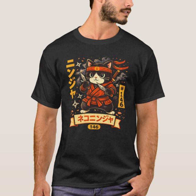 Cute Ninja Cat Cartoon Design T Shirt (Framsida)