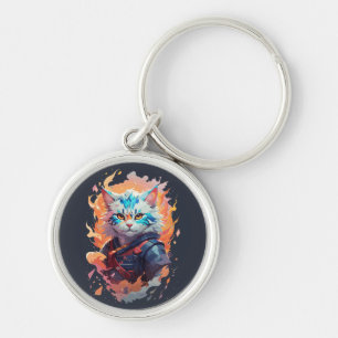 Cute Ninja Cat Warrior Design Rund Silverfärgad Nyckelring