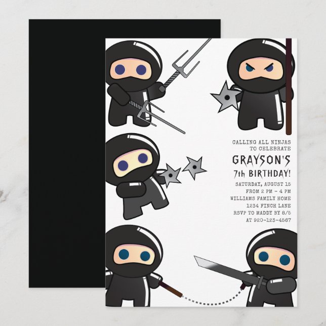 Cute Ninja Födelsedagsfest inbjudan (Fram/baksida)