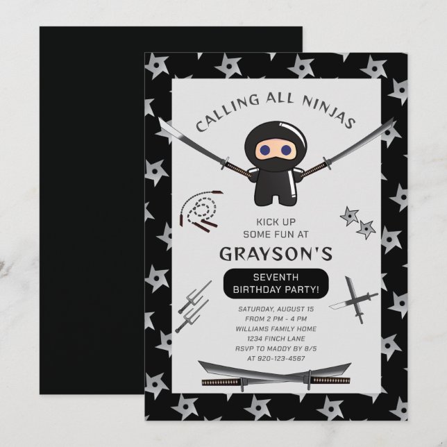 Cute Ninja Födelsedagsfest inbjudan (Fram/baksida)