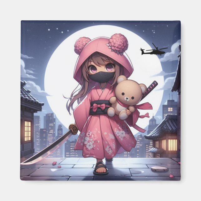 Cute ninja-krigare flicka och teddy magnet (Framsidan)