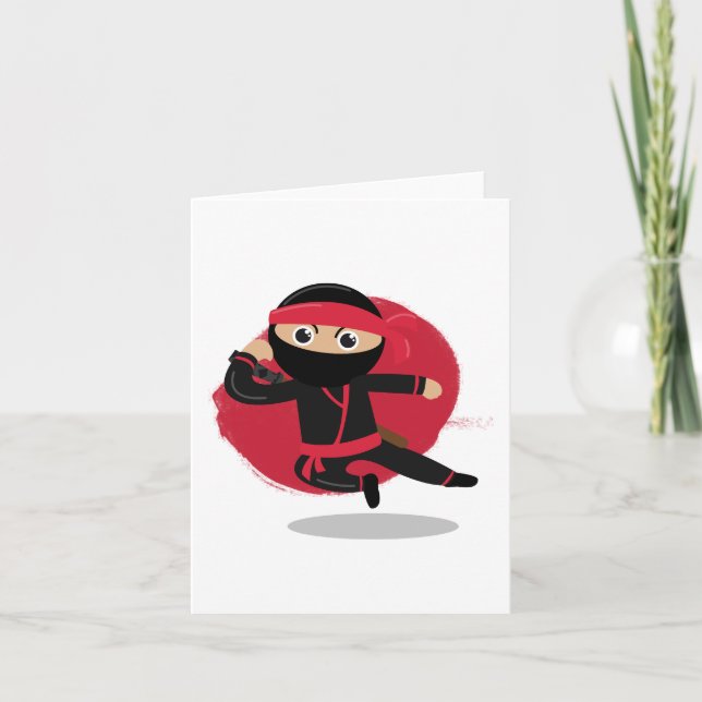 Cute Ninja Warrior Black & Red Kids Kort (Framsida)