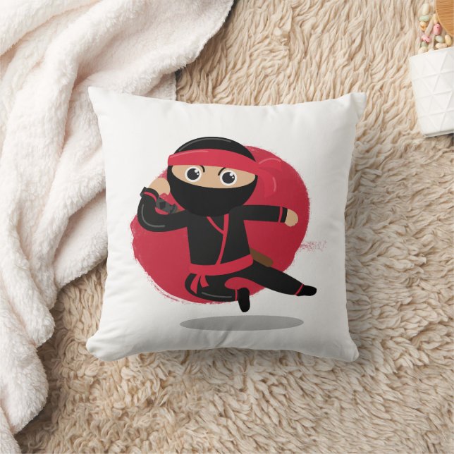 Cute Ninja Warrior Black & Red Kids Kudde (Filt)