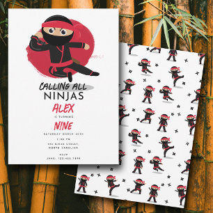 Cute Ninja Warrior Kids Black & Red Födelsedagsfes Inbjudningar