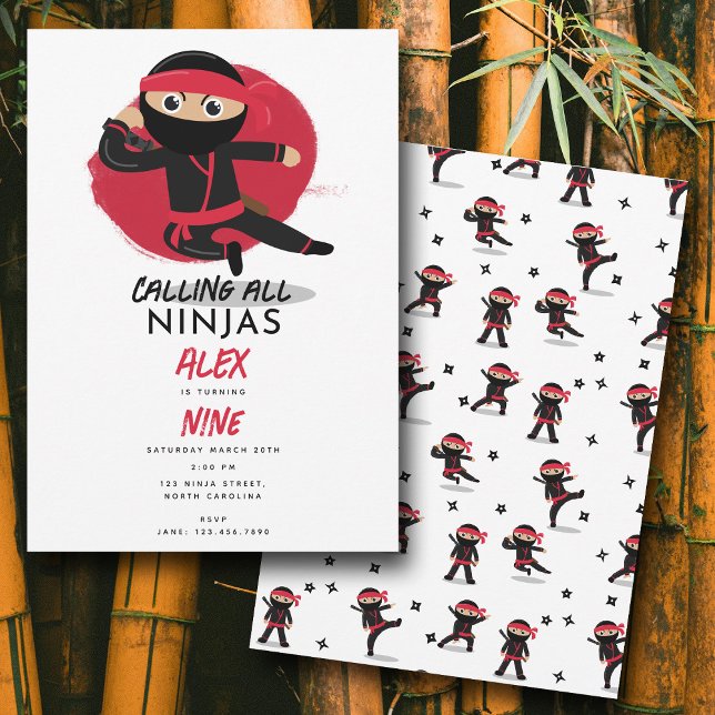 Cute Ninja Warrior Kids Black & Red Födelsedagsfes Inbjudningar (Cute Ninja Warrior Kids Black & Red Birthday Party Invitation)