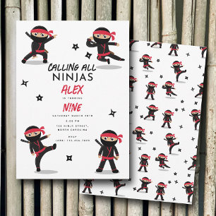 Cute Ninja Warrior Kids Black & Red Födelsedagsfes Inbjudningar