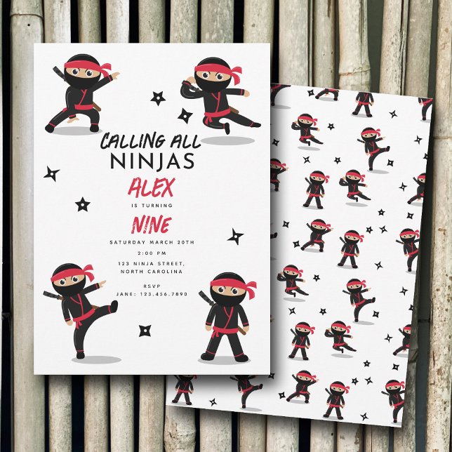 Cute Ninja Warrior Kids Black & Red Födelsedagsfes Inbjudningar (Cute Ninja Warrior Kids Black & Red Birthday Party Invitation)