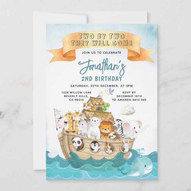 Cute Noah's Ark 2nd Birthday Two By Two Adventure Inbjudningar (Framsida)