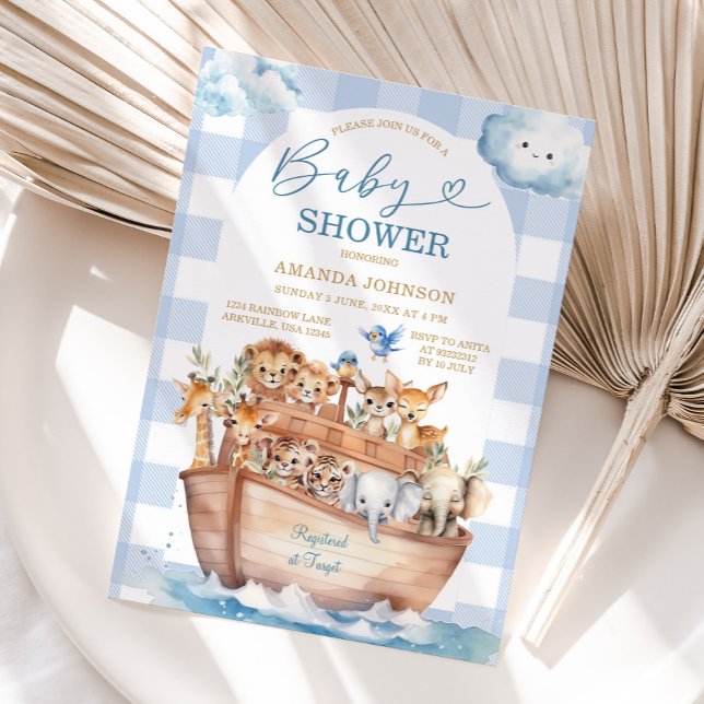 Cute Noahs Ark Blue Gingham Boho Baby Shower Inbjudningar (Skapare uppladdad)