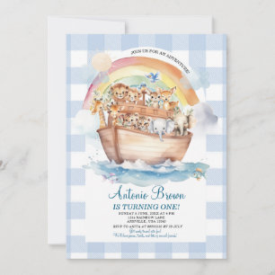 Cute Noahs Ark Blue Gingham första födelsedag Inbjudningar