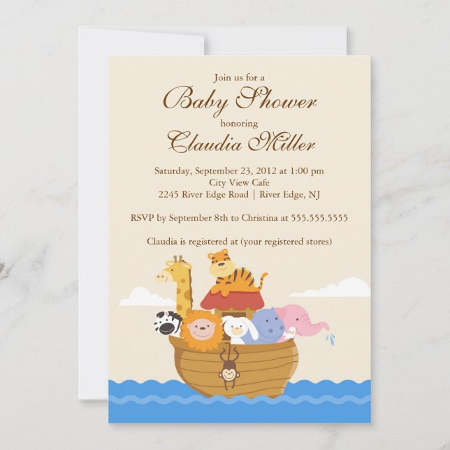 Cute Noah's Ark Flicka eller Pojke Shower Inbjudningar (Framsida)