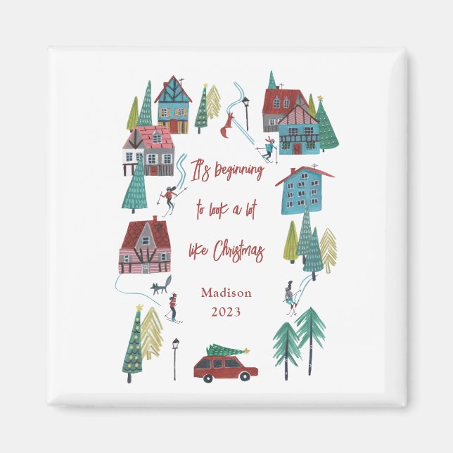 Cute Nordic skiing Village jul Party Magnet (Framsidan)