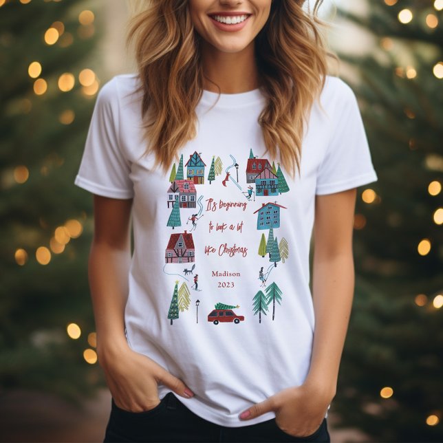Cute Nordic skiing Village jul Party T Shirt (Cute Nordic skiing Village Christmas Party T-Shirt)