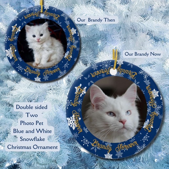 Cute Now och Sen 2 Photo Pet-julprydnad Julgransprydnad Keramik (Custom Then and Now double sided photo Ornament Blue and white Snowflake and custom name)