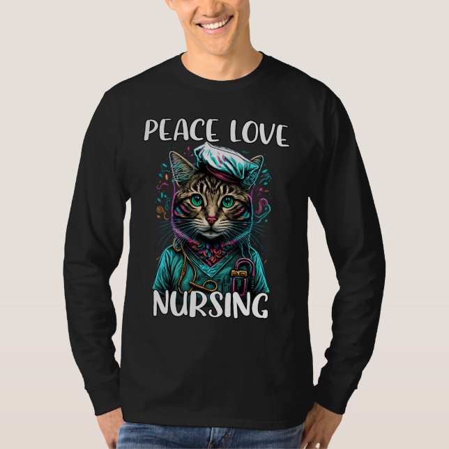 Cute Nurse Cat Peace Kärlek Nursing RN & LPN Nurse T Shirt (Framsida)