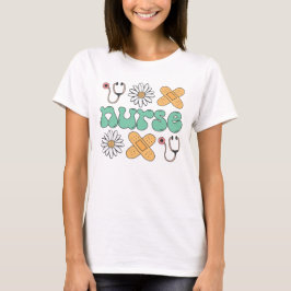 Cute Nurse Design with Flowers and Medical Icons T Shirt