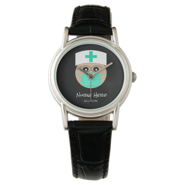 Cute Nurse Hero Black White Medical Personlig Armbandsur (Framsida)