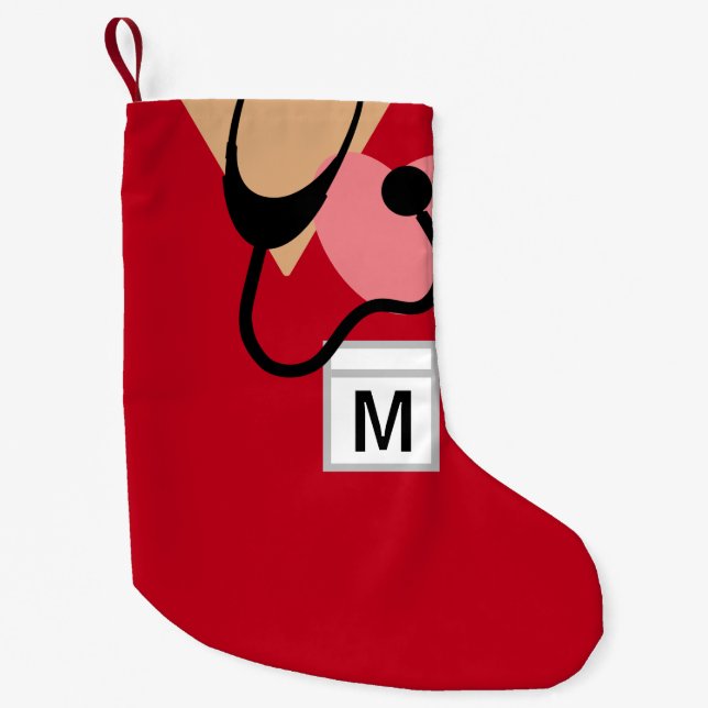 Cute Nurse Stethoscope Red Scrub Top Monogram Liten Julstrumpa (Framsidan)