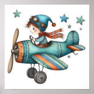 Cute Nursery Art Child som flyger i det gamla flyg Poster
