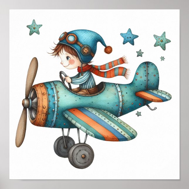 Cute Nursery Art Child som flyger i det gamla flyg Poster (Framsidan)
