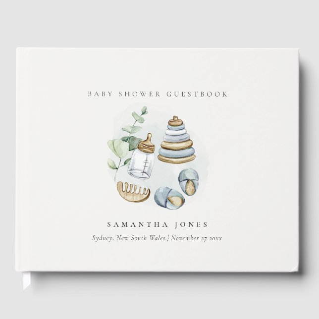 Cute Nursery Essential Leafy Blue Boy Shower Gästböcker (Framsida)