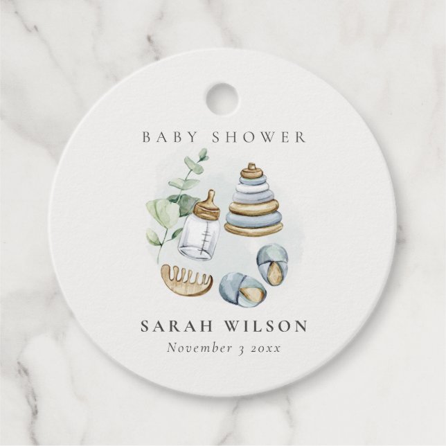 Cute Nursery Essential Leafy Blue Boy Shower Gåvor Etiketter (Framsida)