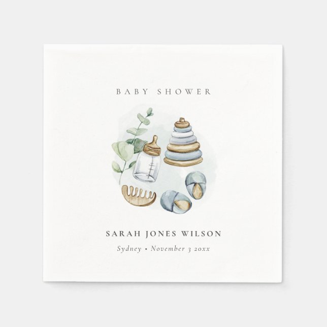 Cute Nursery Essential Leafy Blue Boy Shower Pappersservett (Framsidan)