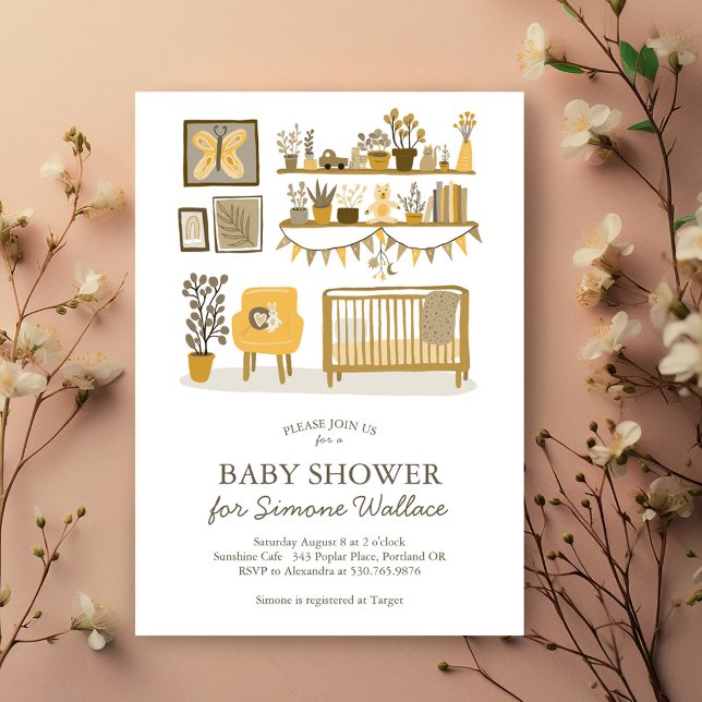 Cute Nursery Illustration ANPASSNINGSBAR BABY SHOW Inbjudningar (Cute Nursery Illustration CUSTOM BABY SHOWER Invitation neutral yellow colors - customize it!)