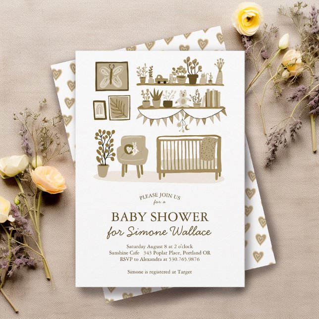 Cute Nursery Illustration ANPASSNINGSBAR BABY SHOW Inbjudningar (Cute Nursery Illustration CUSTOM BABY SHOWER Invitation
neutral colors baby crib )