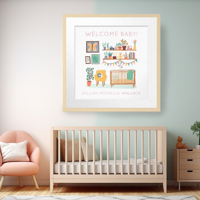 Cute Nursery Illustry ANPASSNINGSBAR BABY NAMN Poster (Cute Nursery Illustration CUSTOM BABY NAME Poster)