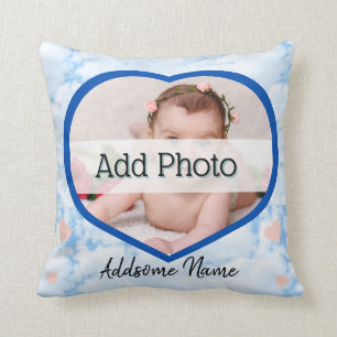 Cute Nursery Rosa Heart Baby Photo namn blå himmel Kudde