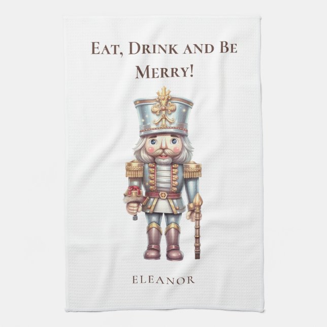 Cute Nutcracker Namn Eat Drink ska vara Merry Helg Kökshandduk (Vertikal)