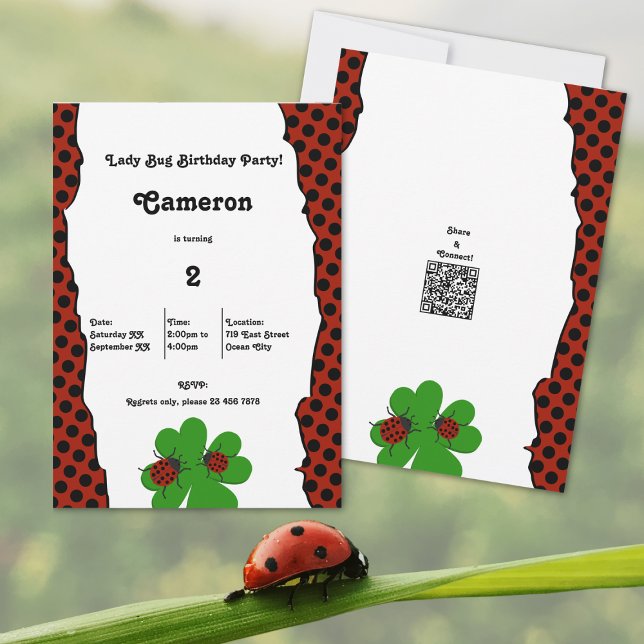 Cute Nyckelpiga Party 2:a födelsedagsinbjudan kort (Cute Lady Bug Tear Edge 2nd Birthday Party Invitation, 5x7 Inch, Portrait Format, Flat Card)