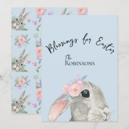 Cute Nyfiken Grått Rabbit Rosa Flowers Blue Påsk