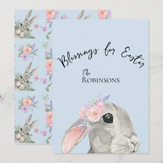 Cute Nyfiken Grått Rabbit Rosa Flowers Blue Påsk (Fram/baksida)