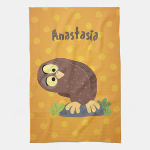 Cute nyfiken, lustigt brunt uggla-tecknad illustra kökshandduk