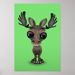 Cute Nyfiken Moose med Big Ögon på Grönt Poster