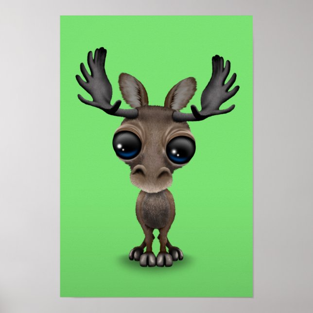 Cute Nyfiken Moose med Big Ögon på Grönt Poster (Framsidan)