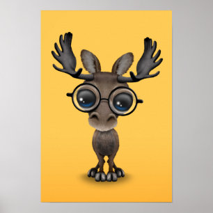 Cute Nyfiken moose Nerd Wearing Glass på Gult Poster