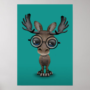 Cute Nyfiken Moose Nerd Wearing Glasses Turkos Poster