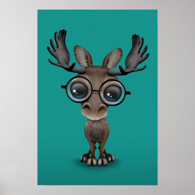 Cute Nyfiken Moose Nerd Wearing Glasses Turkos Poster (Framsidan)